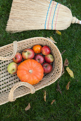 Wicker Basket filled with autumnal Vegetables and Fruits, Thanksgiving