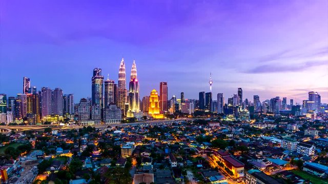 Kuala Lumpur Cityscape Landmark Travel Place Of Malaysia 4K Day to Night Time Lapse (tilt down)