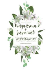 Wedding floral invitation, invite card. Vector watercolor style herbs, eucalyptus, white delicate lilly, waxflower natural, botanical green decorative square frame, geometric