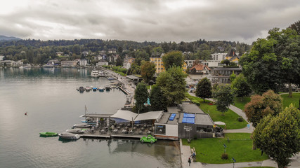 Aerial view of Velden Am Worthersee on beautiful lake Worthersee in Austria