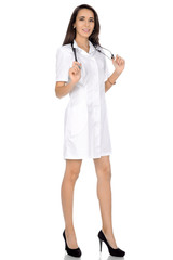 Female doctor in white medical clothes with stethoscope in hands