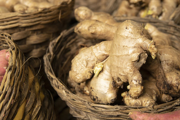 pile of ginger in wooden basket