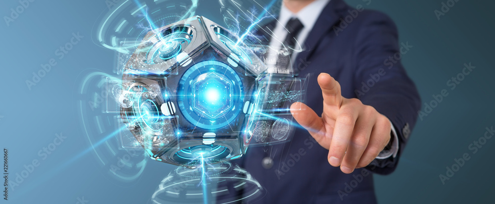 Poster businessman using futuristic drone security camera 3d rendering