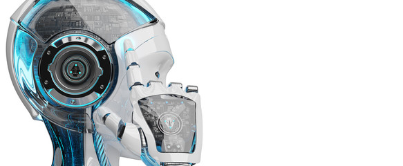 White woman cyborg thinking and touching her head 3D rendering