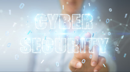 Businesswoman using cyber security text hologram 3D rendering