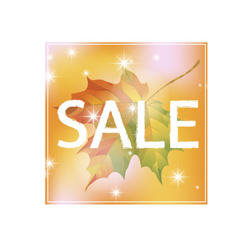 Autumn discount price tag. Sale sign with maple leaf isolated on white background. Vector design illustration.