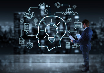 Businessman watching thin line icon project plan presentation