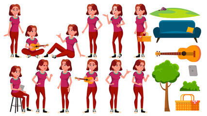 Teen Girl Poses Set Vector. Fun, Cheerful. For Web, Poster, Booklet Design. Isolated Cartoon Illustration