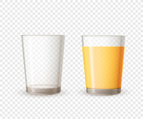 Empty realistic glossy glass and full of orange juice on transparent background