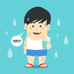 A boy drinking a glass of pure water by yellow tube, He standing with happy face on light blue background. Flat design vector illustration.