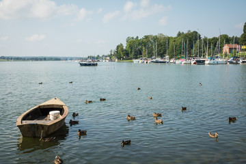 Marina and pier on Rynskie lake, town of Ryn.