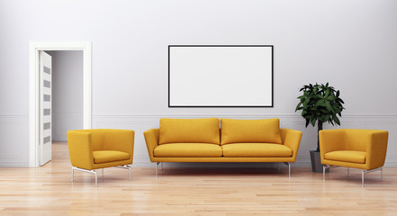 Modern bright interiors apartment with mock up poster frame illustration 3D rendering computer generated image