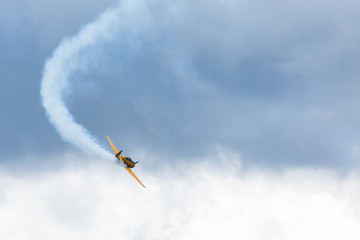 North American T-6 Texan DUN from 1938 aircraft at Air Show Mazury 2018 event at the lake Niegocin in Gizycko. Poland.