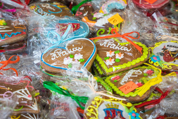 Fototapeta na wymiar Souvenir gingerbread of different shapes on one of the traditional market in Cracow, Poland.