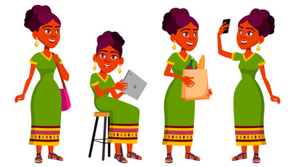 Teen Girl Poses Set Vector. Indian, Hindu. Asian. Leisure, Smile. For Web, Brochure, Poster Design. Isolated Cartoon Illustration
