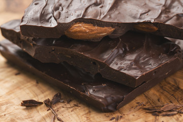Closeup homemade dark chocolate with almonds