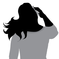 Vector silhouette of woman with cell phone on white background.