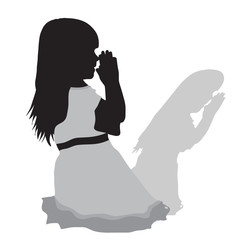 Vector silhouette of a girl who prays on white background.