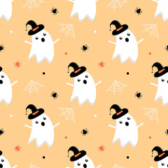 Seamless pattern background in cartoon style with spiders, spider web and cute ghost character in witch hat for Halloween design.