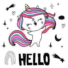 Unicorn cute character with hand written lettering