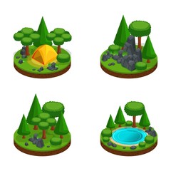Isometry set of mini islands with interesting landscapes, forest, lake, glade in the forest, rocky mountains, tent