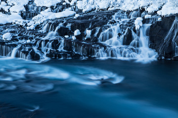 Hraunfossar waterfall in winter, Iceland.