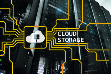Cloud data storage concept on server room background.