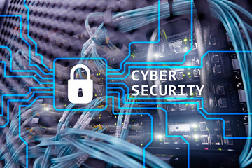 Cyber security, information privacy and data protection concept on server room background.