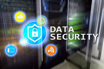 Fototapeta premium Data security, cyber crime prevention, Digital information protection. Lock icons and server room background.