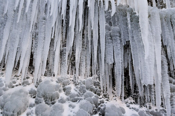Lots of icicles near icelandic waterfall Skógafoss.