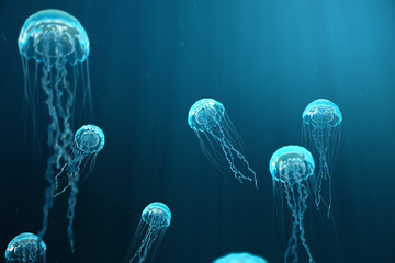 3D illustration background of jellyfish. Jellyfish swims in the ocean sea, light passes through the water, creating the effect of volume-rays. Dangerous blue jellyfish - obrazy, fototapety, plakaty