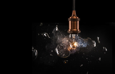 Real explosion of vintage electric bulb.
