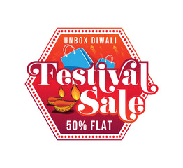 Diwali Festival Sale Sticker, Label or Badge Design with 50% Discount Tag,  Lamps and Shopping Bag Vector Illustration