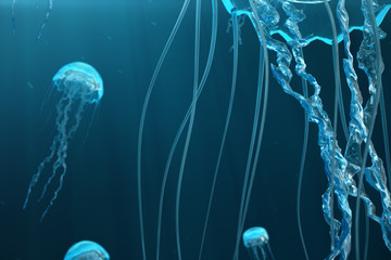 3D illustration background of jellyfish. Jellyfish swims in the ocean sea, light passes through the water, creating the effect of volume-rays. Dangerous blue jellyfish © rost9