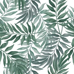 Vector naadloos patroon met groene bladeren in waterverfstijl op witte achtergrond © Kateina