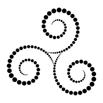 Black dotted Celtic triskelion spiral. Increasing points from the center of the spirals forming a triple spiral. Twisted and connected spirals. Isolated illustration on white background. Vector.