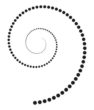 Black spiral made of increasing dots. Points from the center of the spiral getting bigger and forming a spiral. Black isolated illustration on white background. Vector.