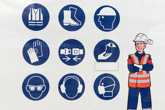 Set of safety and health protection signs. Collection of safety equipment. Protection on work