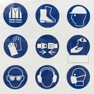 Set of safety and health protection signs. Collection of safety equipment. Protection on work