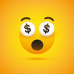 Smiling Emoji with Dollar Sign in the Eyes - Simple Happy Emoticon on Yellow Background - Vector Design Illustration