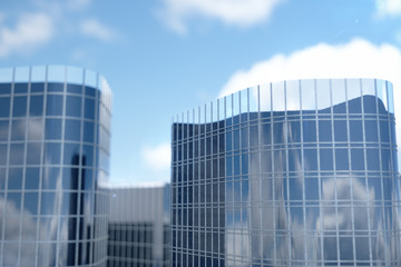 3D Illustration blue skyscrapers from a low angle view. Architecture glass high buildings. Blue skyscrapers in a finance district