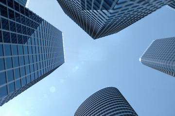 Plakat 3D Illustration blue skyscrapers from a low angle view. Architecture glass high buildings. Blue skyscrapers in a finance district
