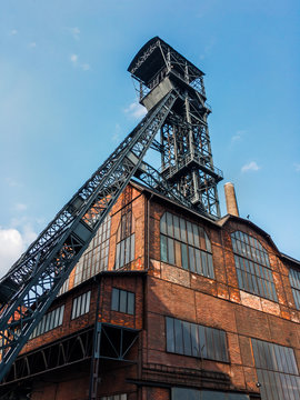 Hlubina coalmine, The Lower Vitkovice area, Ostrava, Czech Republic / Czechia - former headframe in the mine, now industrial landmark and sightseeing.