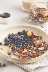 Homemade granola with nuts and coconut with berries and milk in a white plate.