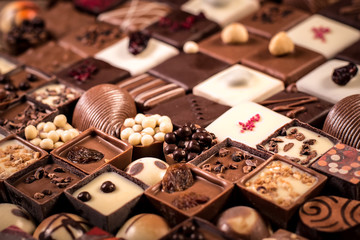 Assortment of fine chocolate candies, white, dark and milk chocolate