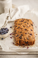 Whole blueberry bread (cake). Clean eating concept.