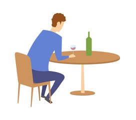 Fototapeta premium Man sitting by the table with a bottle of wine in front of him. Guy having a drink in a bar or cafe. Flat vector illustration. Isolated on white background.