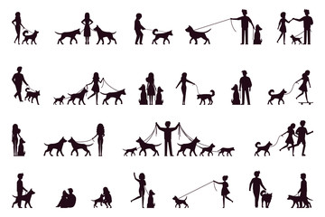 A set of characters walk with a dog. Silhouette. Vector illustration in simple style on white isolated background