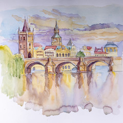 Drawing, watercolor. Czech Republic, Charles Bridge