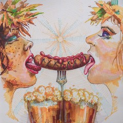 Sketch. Oktoberfest. Two girls are eating a sausage with beer
